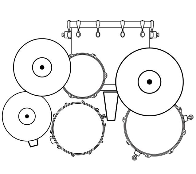 Batería de cinco piezas: bombo, caja, tom agudo, tom base, hi-hat, crash y ride